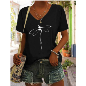 T-shirt avec impression libéllule Col V Couleur noir
