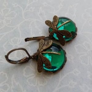 Boucles d'oreilles pendantes Libéllule en Bronze couleur Vert