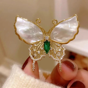 Broches Papillon Coquillage et Strass Couleur Vert