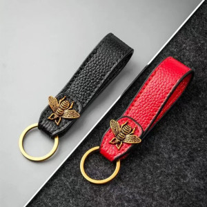 Royal Elegance Bee Keychain | Leather & Bronze Bee Charm