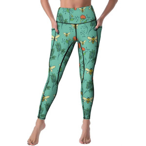 Cute Bee & Floral Yoga Leggings with Pockets | 1001Bees