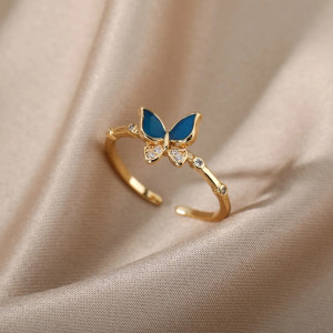 Bague Papillon Bleu Royal Ajustable en Acier Inoxydable