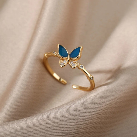 Bague Papillon Bleu Royal Ajustable en Acier Inoxydable