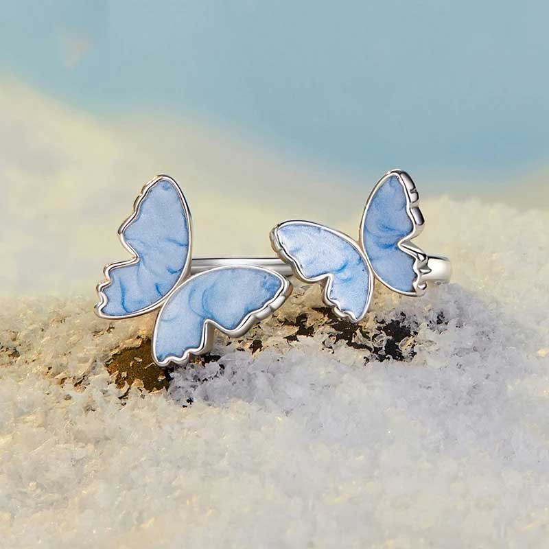 Celestial Blue Triple Butterfly Ring | Adjustable & Unique Gift