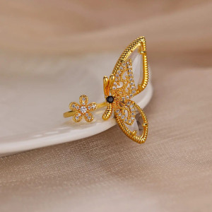 Cute Golden Butterfly Ring | Adjustable Crystal Women's Jewelry