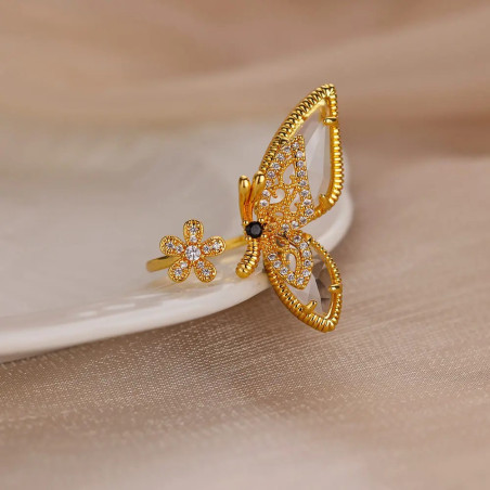 Cute Golden Butterfly Ring | Adjustable Crystal Women's Jewelry