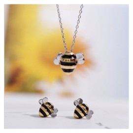 Ensemble Paire de boucles d’oreilles avec abeille en argent Sterling 925 et collier assorti