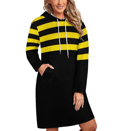 Cute Bee Hoodie Dress | Yellow & Black Striped Sweatshirt Dress
