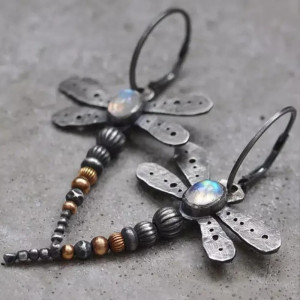 Vintage Dragonfly Earrings | Unique Moonstone Jewelry Gift