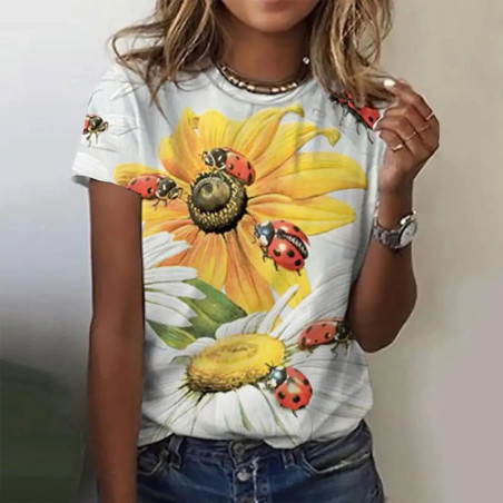 Women's Ladybug & Flowers T-Shirt - 100% Cotton Cute Gift
