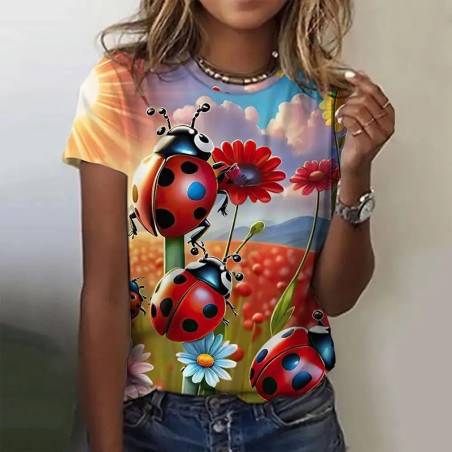Mystic Greenery Ladybug T-Shirt | Cute Floral Tee for Women