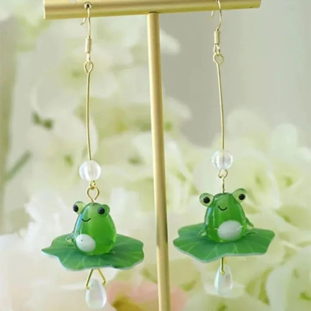 Cute Frog on Lily Pad Earrings - Unique Nature Jewelry Gift