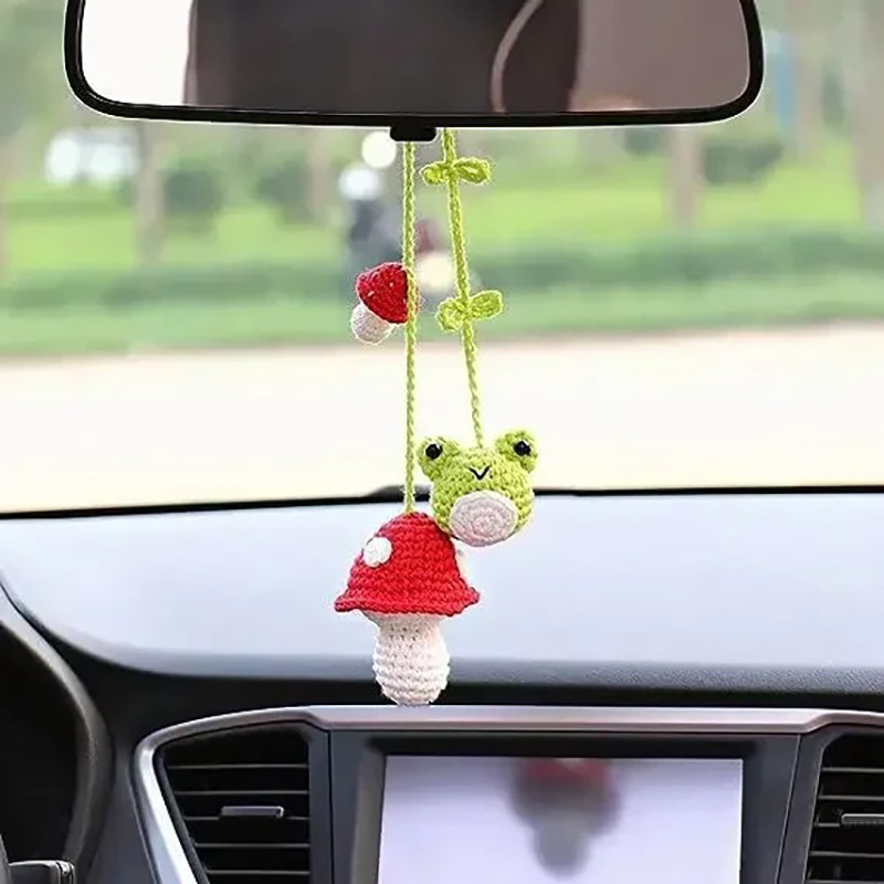 Handmade Crochet Frog & Mushroom Car Charm 'Fungal Adventure' Gift