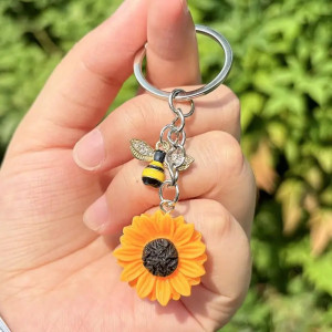 Sparkling Bee & Sunflower Keychain | Cute Nature Lover Gift