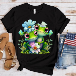Cute Frog T-Shirt "Blue Flower Duo" | 10 Colors Available
