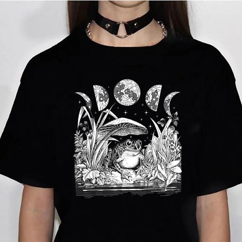 Mystic Frog & Moon Phases Tee | Cute Botanical Witchy Shirt