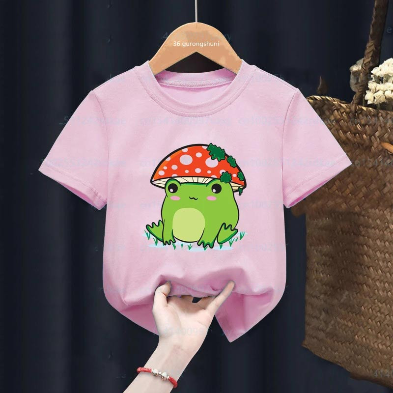 Cute Frog Shirt for Girls with Mushroom Hat | Kawaii Cotton Tee