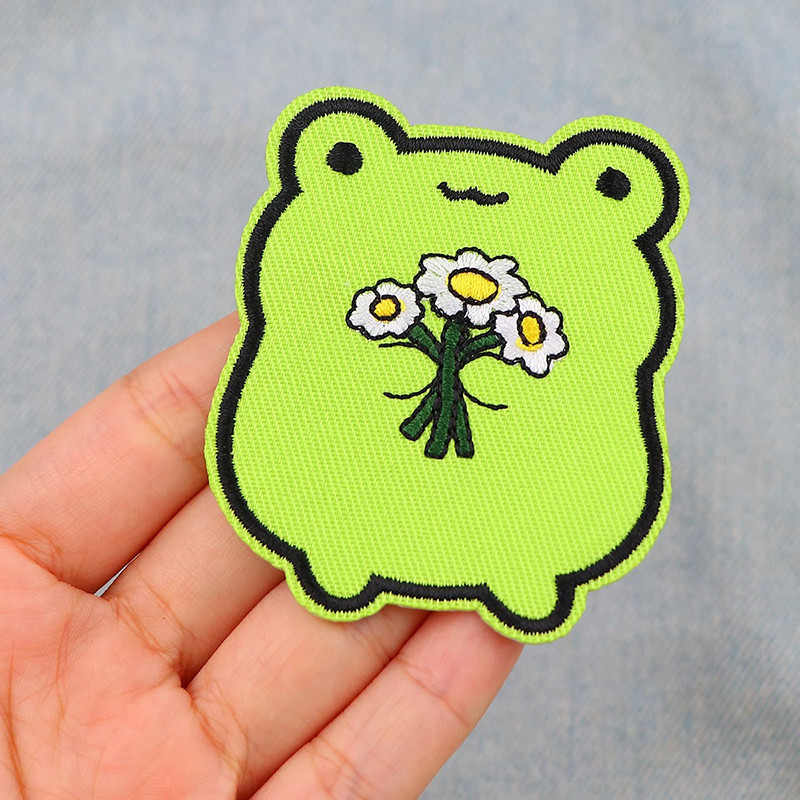 Cute Frog in Love Iron-On Patch | Embroidered Flower Applique