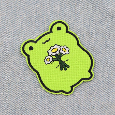 Cute Frog in Love Iron-On Patch | Embroidered Flower Applique
