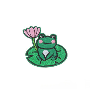 Cute Frog on Water Lily Iron-On Patch – Embroidered Applique