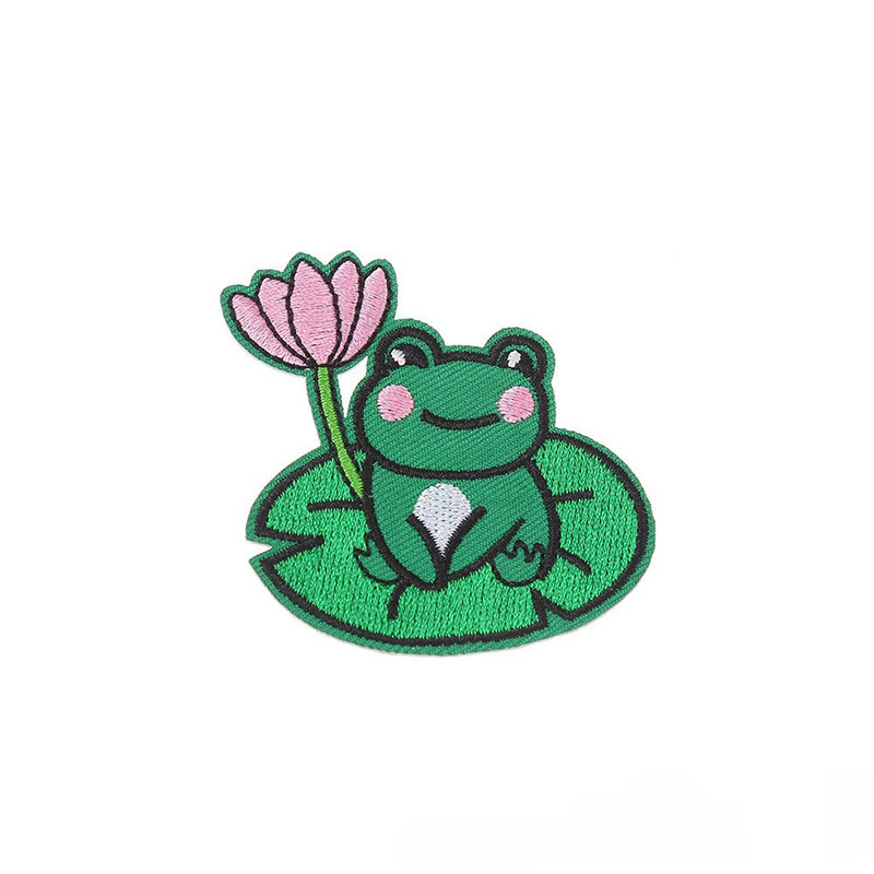 Cute Frog on Water Lily Iron-On Patch – Embroidered Applique
