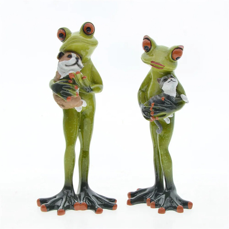 Cute Frog Cuddling Cat & Dog Figurine | Funny Animal Decor
