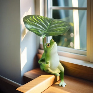 Frog with Leaf Umbrella Statue – Cute Zen Garden Decor