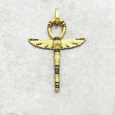 Gold Ankh Scarab Pendant – 925 Silver & Black Stone Jewelry