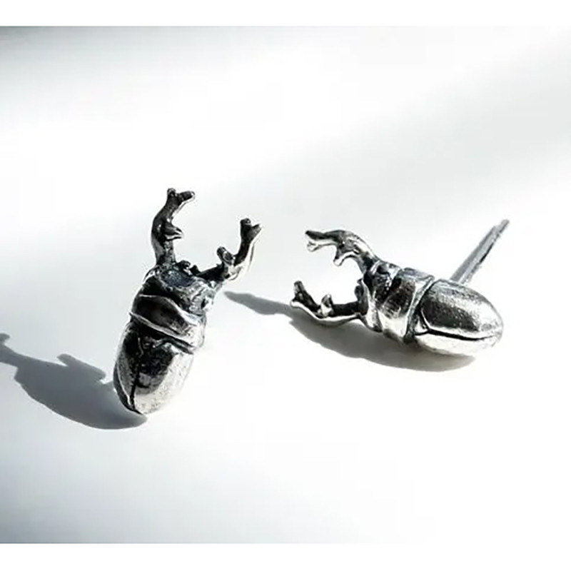 Unique Titan Beetle Earrings | Antique Silver Brutalist Jewelry