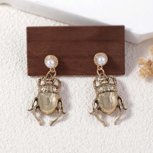 Gold Scarab Beetle Earrings with Pearl | Vintage Egyptian Jewelry