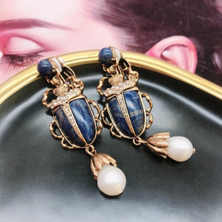 Royal Blue Scarab Earrings | Unique Vintage Gift for Women