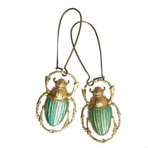 Unique Emerald Scarab Earrings | Gold Botanical Jewelry Gift