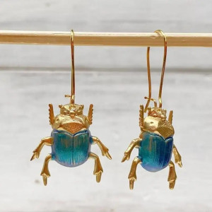 Vintage Scarab Beetle Earrings | Azure Blue & Gold Jewelry