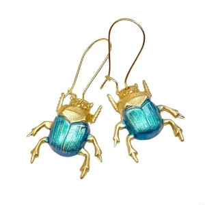 Vintage Scarab Beetle Earrings | Azure Blue & Gold Jewelry