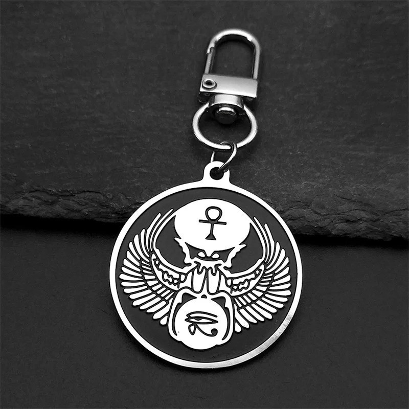 Egyptian Scarab Keychain with Ankh | Unique Black & Silver Gift