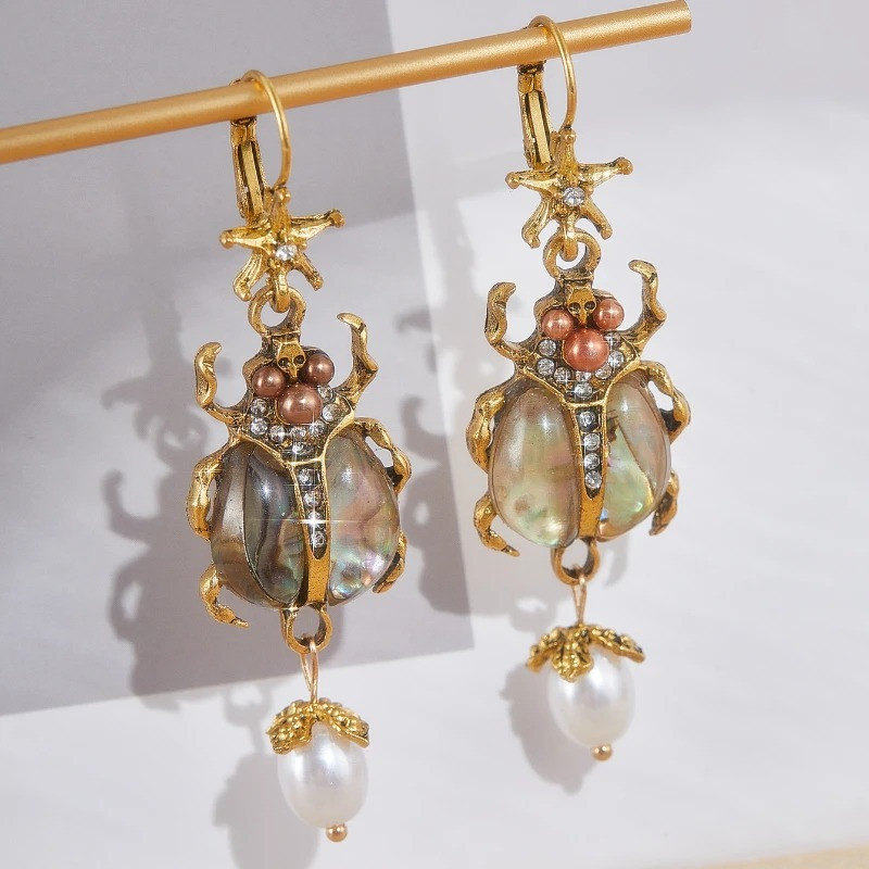 Royal Scarab Beetle Earrings | Unique Gold & Pearl Jewelry Gift