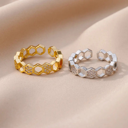 Sparkling Honeycomb Bee Ring | Gold & Silver Adjustable Ring