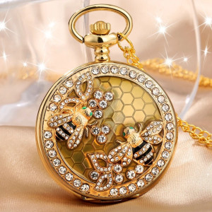 Royal Bee Pocket Watch - Vintage Gold & Crystal Bee Jewelry