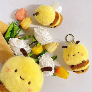 Cute Bee Pom-Pom Keychain - Fluffy Plush Bee Keyring Gift