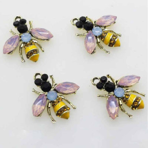"Petal Glow" Bee Button - Set of 10 - Pink Crystal & Gold Rhinestones