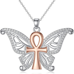 Sacred Ankh Butterfly Necklace - Spiritual Silver & Rose Gold