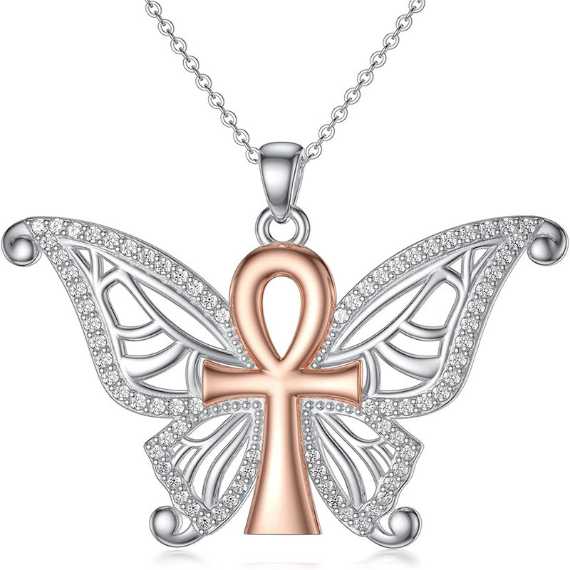 Sacred Ankh Butterfly Necklace - Spiritual Silver & Rose Gold