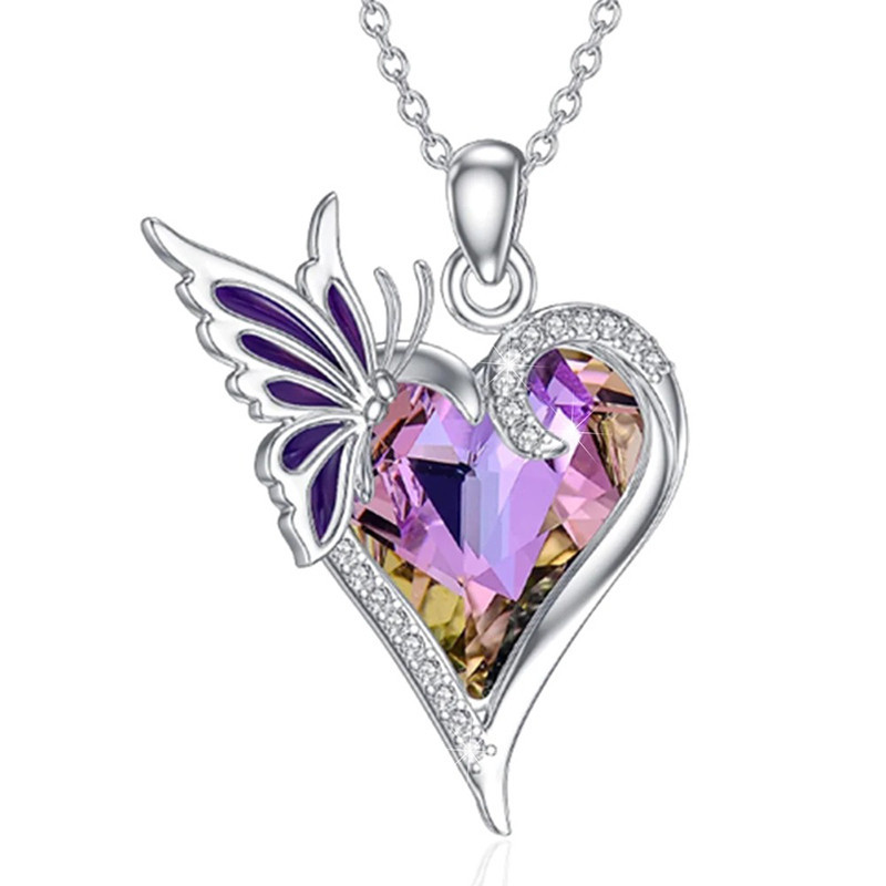 Amethyst Heart Butterfly Necklace | Cute Crystal Jewelry Gift