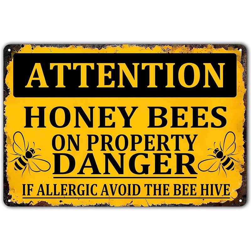 Cute Bee Warning Sign | Vintage Metal Apiary Decor Gift
