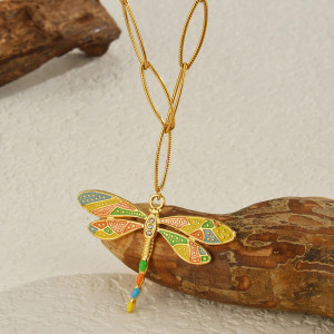 Unique Gold Dragonfly Necklace | Watercolor Enamel Pendant