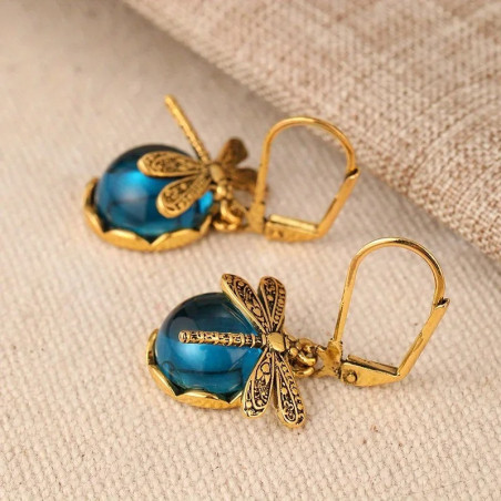Antique Blue Dragonfly Earrings - Gold Boho Dragonfly Jewelry