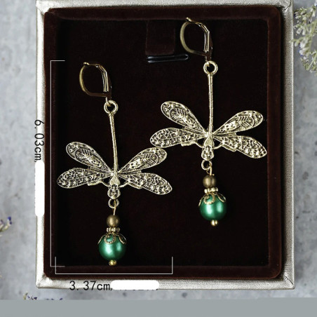 Bohemian Emerald Pearl Earrings - Vintage Gold Dragonfly Jewelry