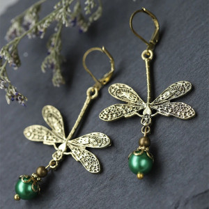 Bohemian Emerald Pearl Earrings - Vintage Gold Dragonfly Jewelry