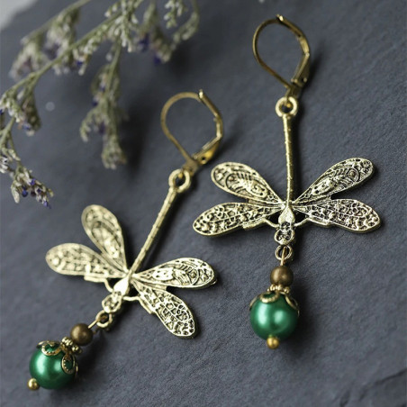 Bohemian Emerald Pearl Earrings - Vintage Gold Dragonfly Jewelry