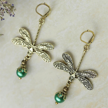 Bohemian Emerald Pearl Earrings - Vintage Gold Dragonfly Jewelry